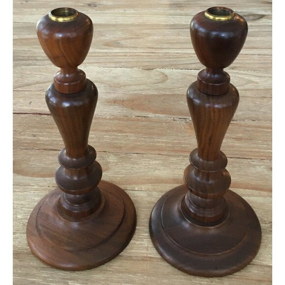 Pair of Fitzhugh Solid Turned Walnut Candle Sticks Holders Tapered Mid Century - Picture 1 of 3